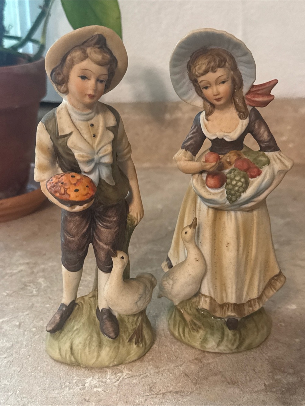 vintage Lefton hand-painted porcelain harvest figurines (model #6988) MCM 1960s